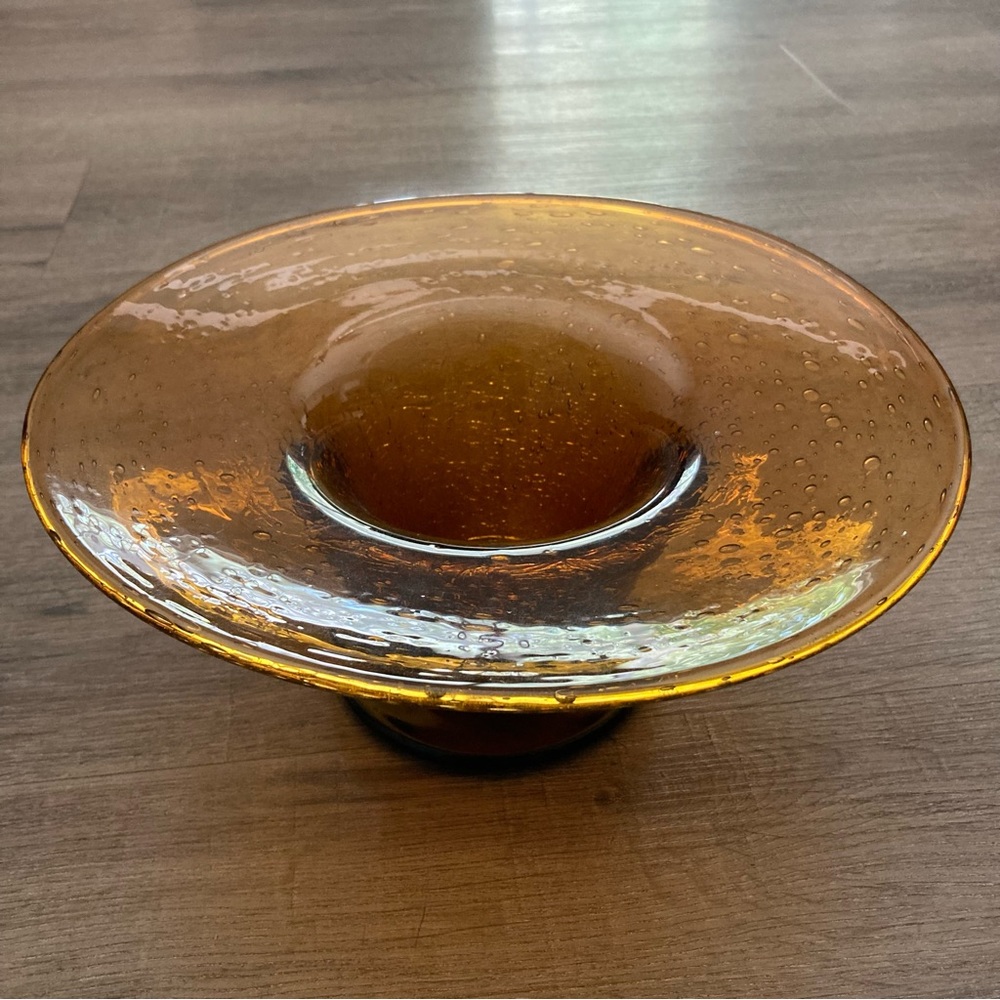 Wide Mouth Bubbled Amber Glass Bowl EUC